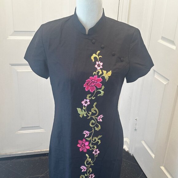 VTG Jessica Howard Linen Embroidered Cheongsam Qipao Floral Maxi Dress Petite 4 - Picture 2 of 12